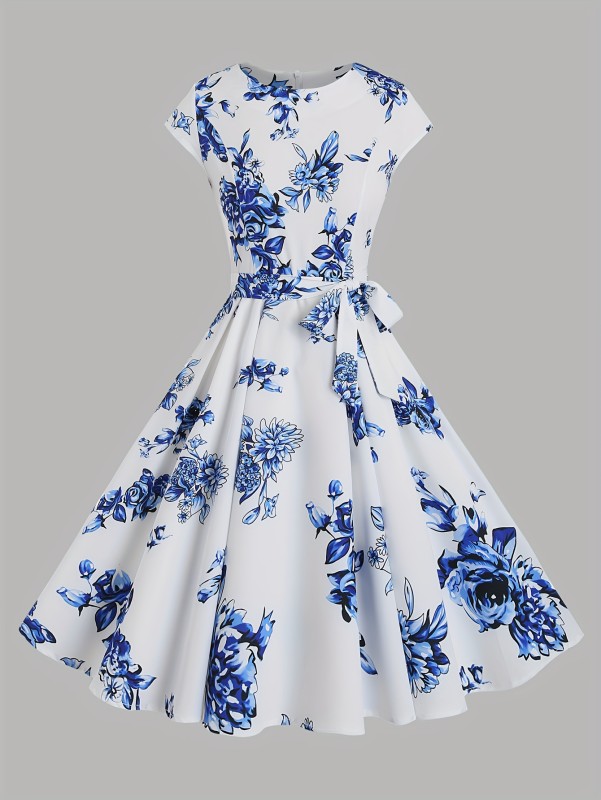 Women's Elegant Floral Print A-Line Dress with Puff Sleeves & Tie Waist - Semi-Sheer Round Neck Machine Washable Lightweight for Spring Summer Fall, Occasion Wear | Delicate Fabric, Cute Dresses