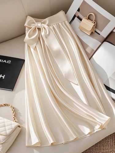 Spring\u002FSummer Trendy Skirt with Bow Design at Waist and Invisible Zipper on Side, Cool and Breathable Half-Skirt for Commuting and Casual Wear