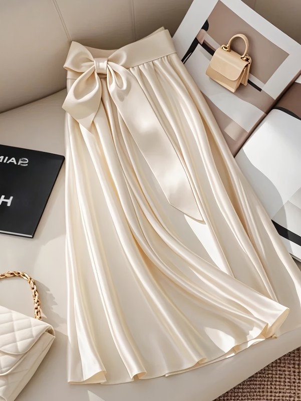 Spring\u002FSummer Trendy Skirt with Bow Design at Waist and Invisible Zipper on Side, Cool and Breathable Half-Skirt for Commuting and Casual Wear