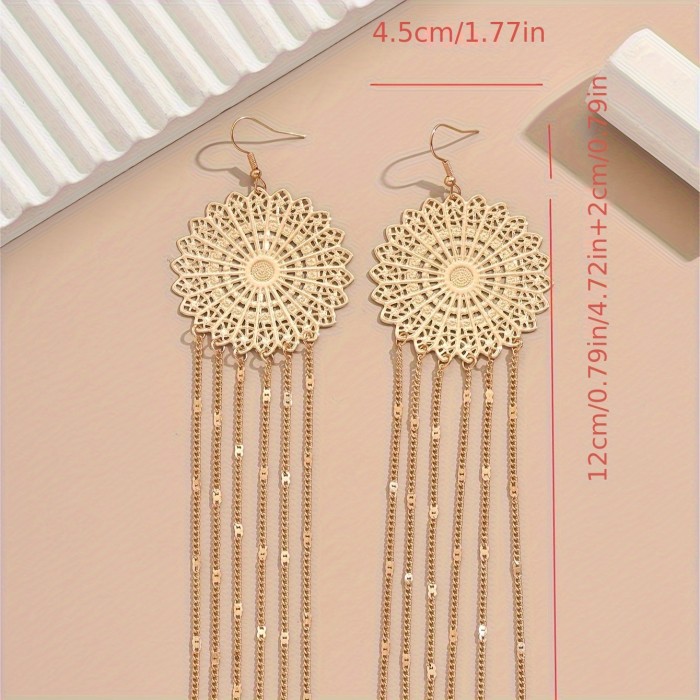 Pair of Elegant Vintage-Inspired Golden Geometric Hollow Metal Dangle Earrings with Tassel Accents - Alloy Fashion Jewelry for Daily & Party Wear, Iron Posts