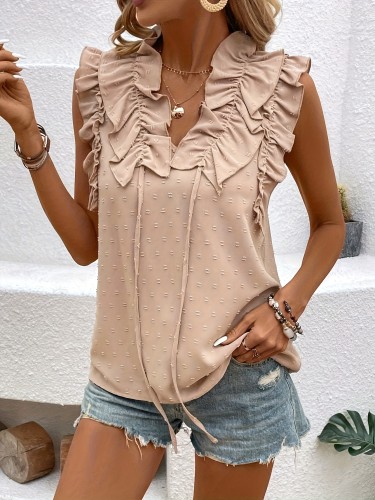 Elegant Beige V-Neck Blouse for Women - Ruffled Sleeveless Top with Drawstring Detail, Swiss Dot Texture, Perfect for Spring & Summer