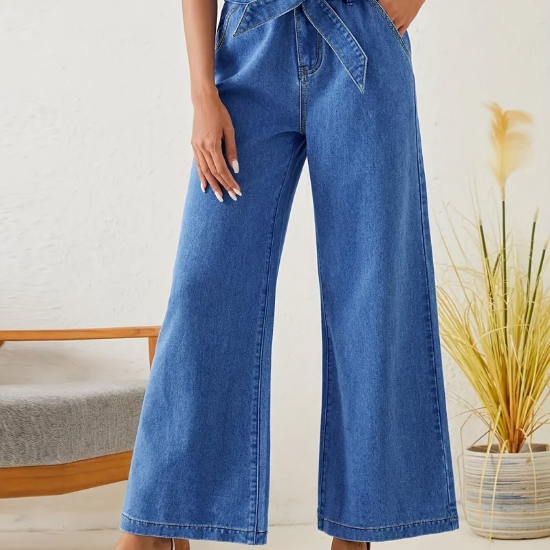 Women's Elegant High-Waist Straight Leg Denim Jeans with Chic Bow Detail - Vintage Blue, Multiple Pockets, Zip Closure, Non-Stretch Casual Trousers for All Seasons
