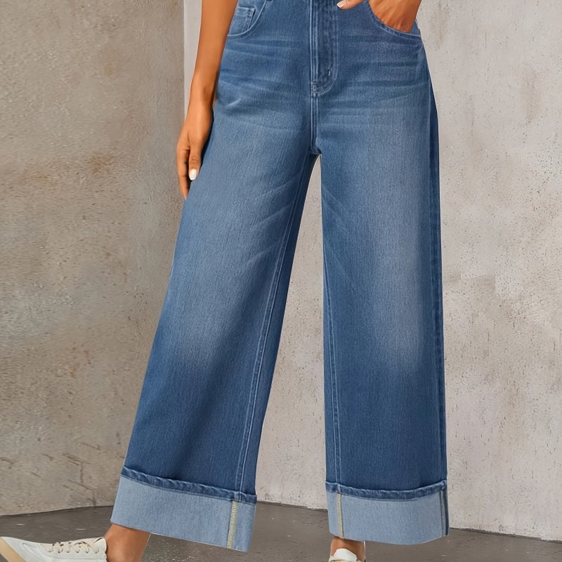 Stretchy Knit Wide Leg Jeans Wide Leg Washed Stretchy Knit Casual Jeans - High Waisted Multiple Pockets Rolled Hem Womenswear Bottom