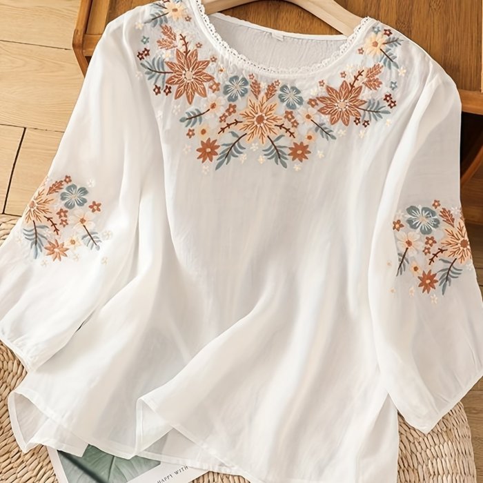 Women'S Loose-Fitting, Long-Sleeve Tunic with Vibrant Floral Embroidery - Casual, All-Season, Breathable Top for Casual Attire, Casual Wear Top|Vibrant Embroidery Top|Comfortable Fit Top
