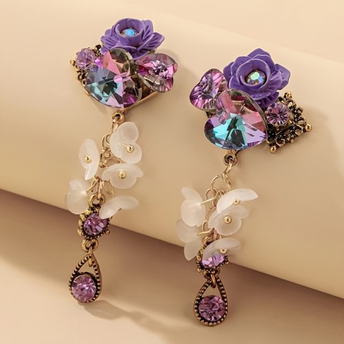 Pair of Bohemian Purple Heart Flower Dangle Earrings – Elegant Long Zinc Alloy Design with Faceted Beads & Butterfly Accents, Perfect for Spring\u002FSummer Vacations, Parties, and Casual Attire
