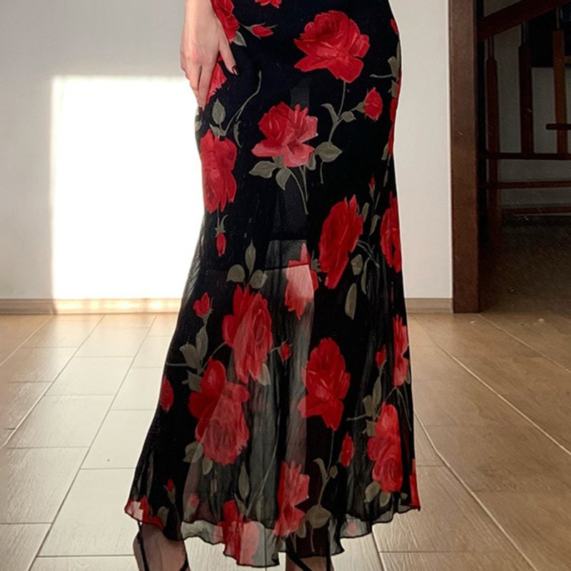 Women'S Floral Print Skirt Elastic Mid Rise Double Layered Long Mesh Skirt for Summer, Spring
