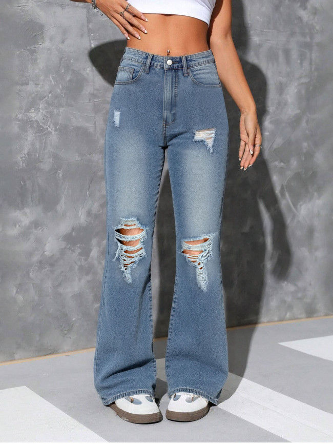 Women's Mid-Waist Vintage Ripped Straight Leg Denim Jeans - Distressed Casual Elegant Style, Machine Washable Non-Stretch Fabric for All-Season Party Street Daily Wear