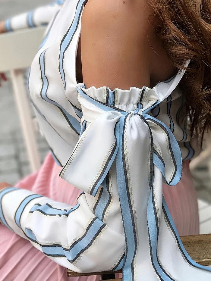 Cold Shoulder Print Blouse Stripes Print Cold Shoulder Blouse, Elegant Tied Shoulder Long Sleeve Blouse For Spring & Fall, Women's Clothing