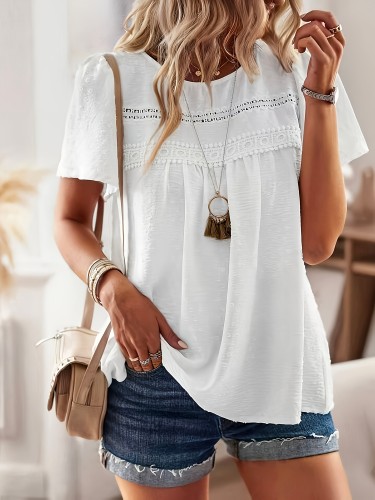 Elegant Ruffle Sleeve Swiss Dot Print Crew Neck Blouse - Women's Spring & Summer Clothing Top