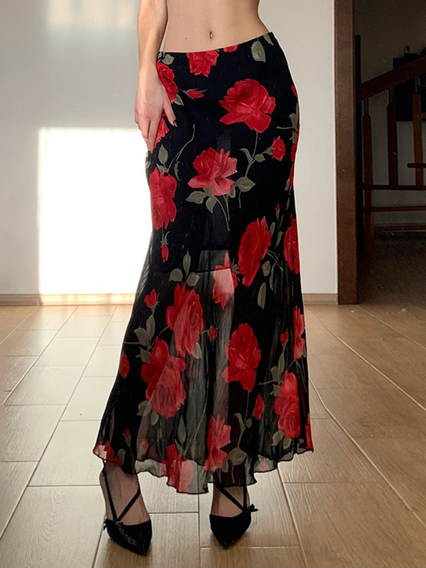Women'S Floral Print Skirt Elastic Mid Rise Double Layered Long Mesh Skirt for Summer, Spring