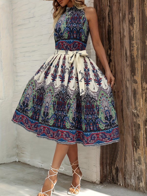 Tropical Print Vacation Dress with a Tie Bow, Cinched Waist, Round Neck, Sleeveless, Off-Shoulder, Mid-Length Women'S Dress.