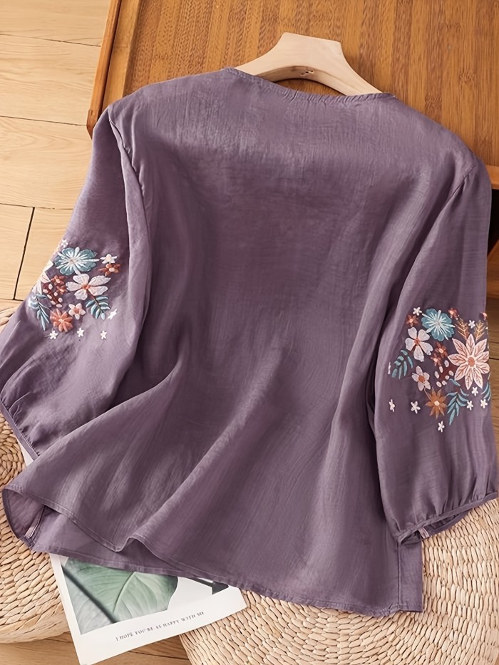 Women'S Loose-Fitting, Long-Sleeve Tunic with Vibrant Floral Embroidery - Casual, All-Season, Breathable Top for Casual Attire, Casual Wear Top|Vibrant Embroidery Top|Comfortable Fit Top