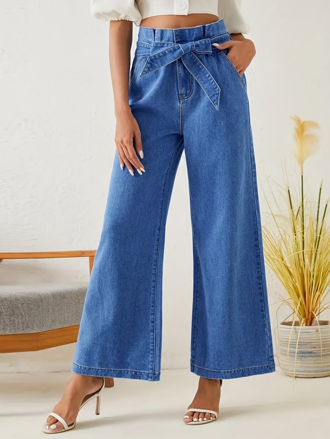Women's Elegant High-Waist Straight Leg Denim Jeans with Chic Bow Detail - Vintage Blue, Multiple Pockets, Zip Closure, Non-Stretch Casual Trousers for All Seasons