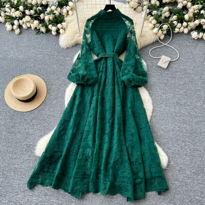 chic Vintage print Casual Draw String O-Neck chic single breasted lantern sleeves slim long Dress French  high street clothing