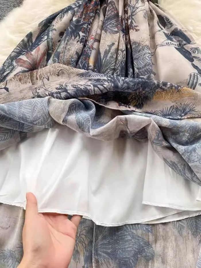 French Vintage Party Dress Summer Shirt Collar Short Sleeve Elegant Flower Print High Waist Retro Single Breasted Belt Long Robe