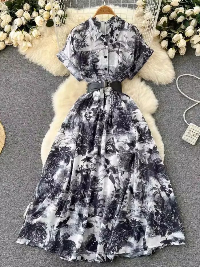 French Vintage Party Dress Summer Shirt Collar Short Sleeve Elegant Flower Print High Waist Retro Single Breasted Belt Long Robe