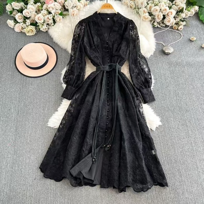 chic Vintage print Casual Draw String O-Neck chic single breasted lantern sleeves slim long Dress French  high street clothing