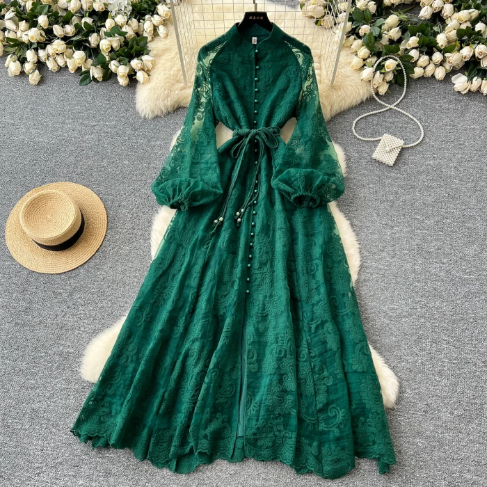 chic Vintage print Casual Draw String O-Neck chic single breasted lantern sleeves slim long Dress French  high street clothing