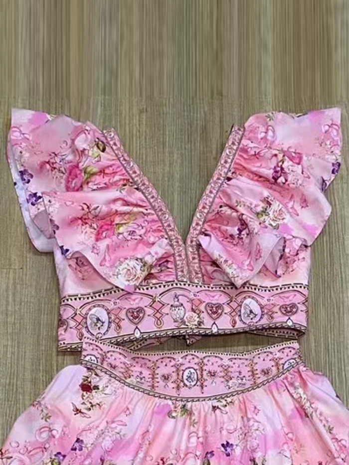 women's suit 2-piece printed flying sleeves sexy short top+high waist and big skirt fashion dress