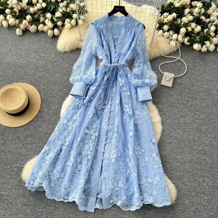 chic Vintage print Casual Draw String O-Neck chic single breasted lantern sleeves slim long Dress French  high street clothing