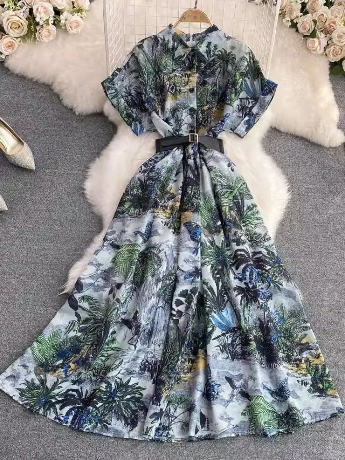 French Vintage Party Dress Summer Shirt Collar Short Sleeve Elegant Flower Print High Waist Retro Single Breasted Belt Long Robe