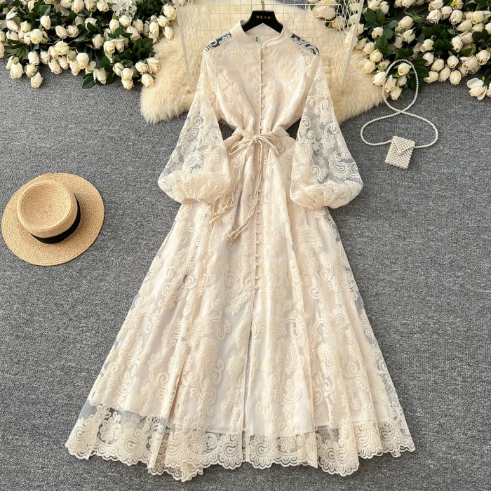 chic Vintage print Casual Draw String O-Neck chic single breasted lantern sleeves slim long Dress French  high street clothing