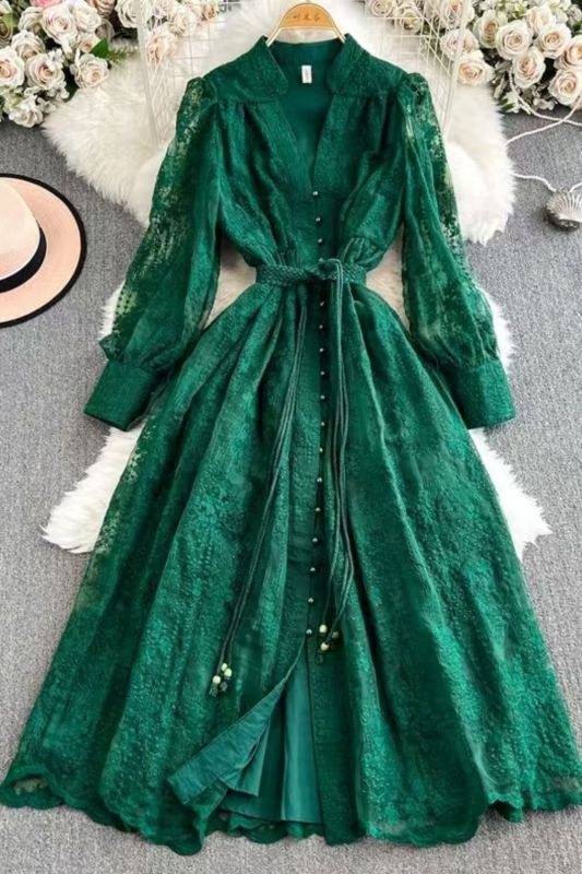 chic Vintage print Casual Draw String O-Neck chic single breasted lantern sleeves slim long Dress French  high street clothing
