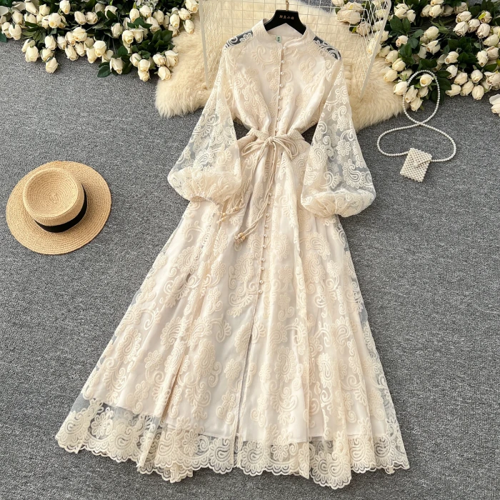 chic Vintage print Casual Draw String O-Neck chic single breasted lantern sleeves slim long Dress French  high street clothing