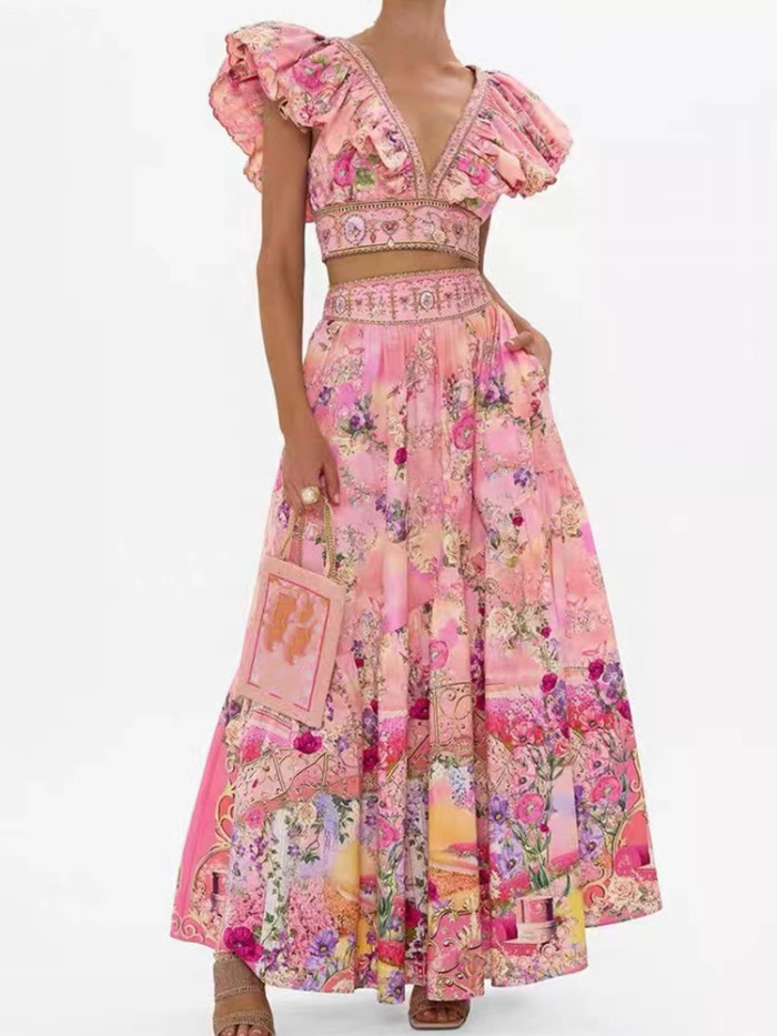 women's suit 2-piece printed flying sleeves sexy short top+high waist and big skirt fashion dress