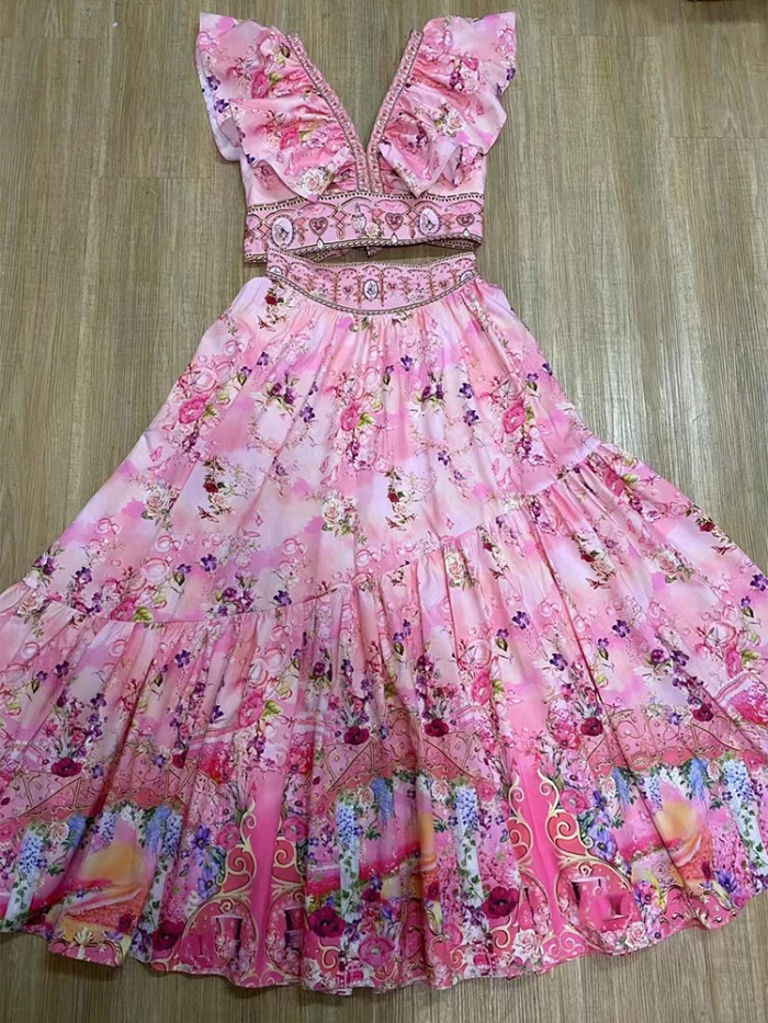 women's suit 2-piece printed flying sleeves sexy short top+high waist and big skirt fashion dress