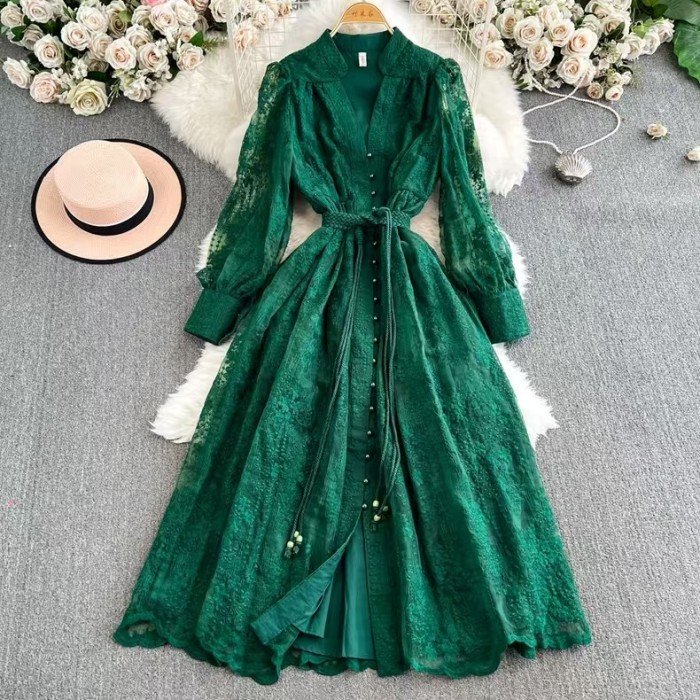 chic Vintage print Casual Draw String O-Neck chic single breasted lantern sleeves slim long Dress French  high street clothing