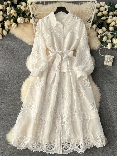 Fashion Elegan  Puff Sleeve Solid Color Lace Up Hollow Out Embroidery Dresses