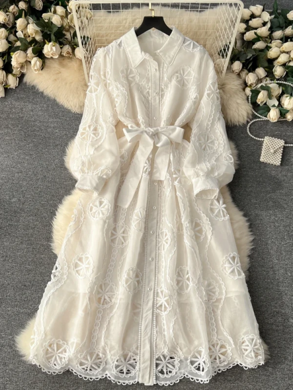 Fashion Elegan  Puff Sleeve Solid Color Lace Up Hollow Out Embroidery Dresses