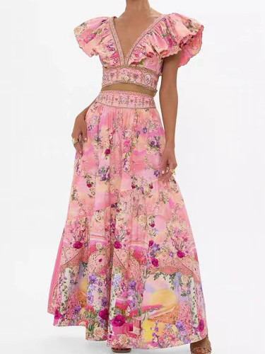 women's suit 2-piece printed flying sleeves sexy short top+high waist and big skirt fashion dress