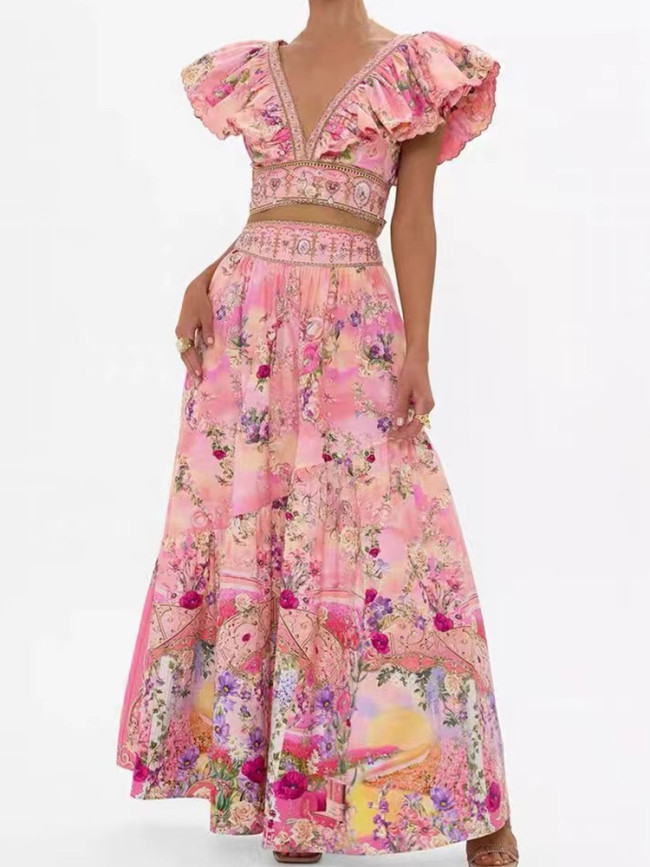 women's suit 2-piece printed flying sleeves sexy short top+high waist and big skirt fashion dress