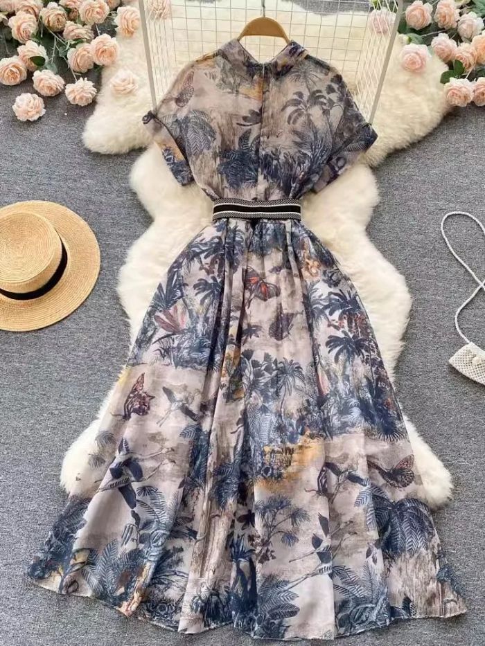 French Vintage Party Dress Summer Shirt Collar Short Sleeve Elegant Flower Print High Waist Retro Single Breasted Belt Long Robe