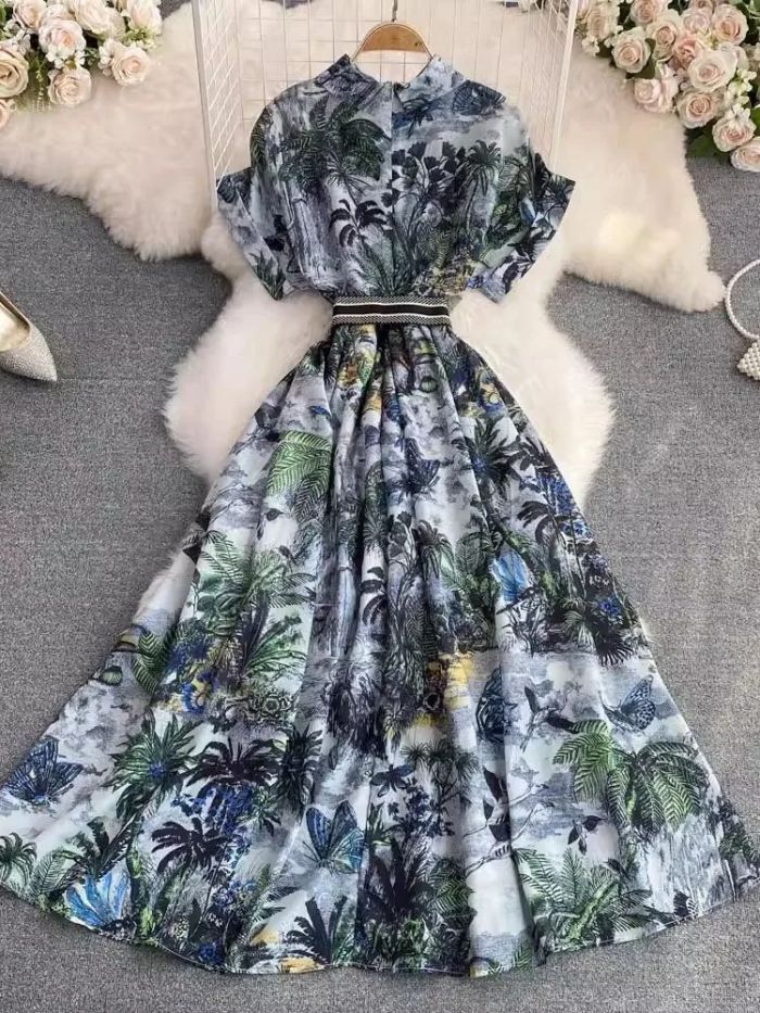 French Vintage Party Dress Summer Shirt Collar Short Sleeve Elegant Flower Print High Waist Retro Single Breasted Belt Long Robe