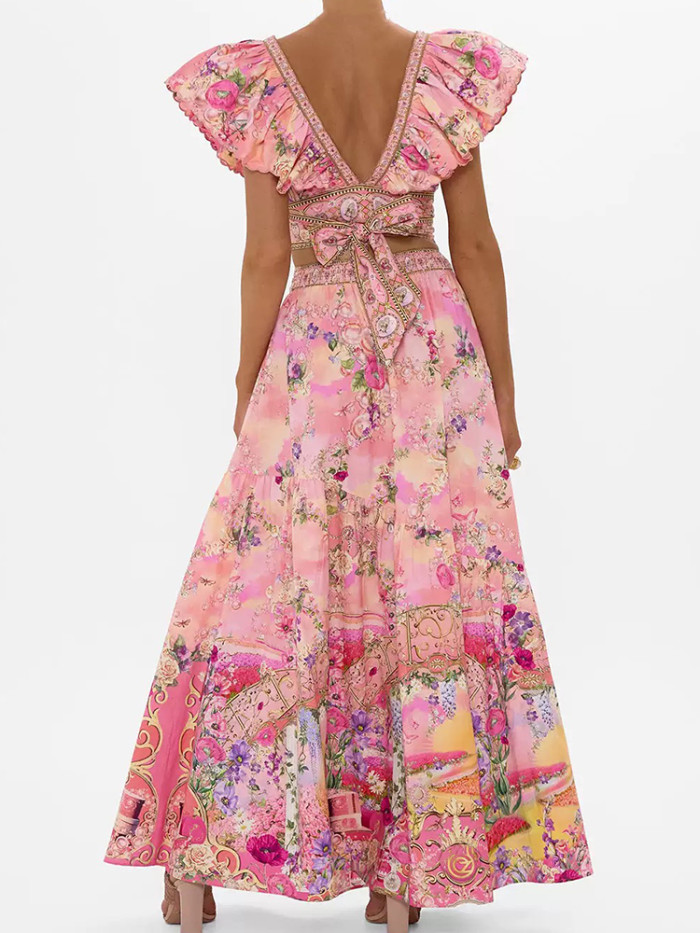 women's suit 2-piece printed flying sleeves sexy short top+high waist and big skirt fashion dress