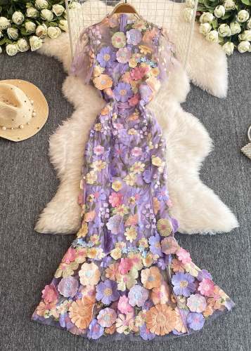 Fashion Rose O-Neck Flattering Tulle Maxi Dresses Summer