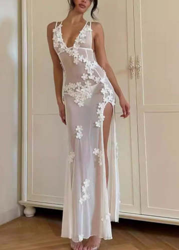 White V Neck Floral Hollowed Out Tulle Dress