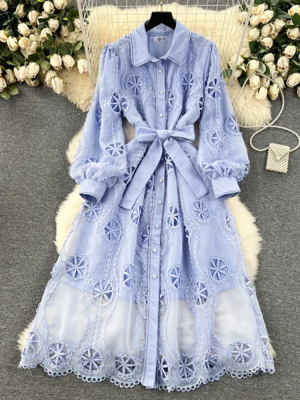 Fashion Elegan  Puff Sleeve Solid Color Lace Up Hollow Out Embroidery Dresses