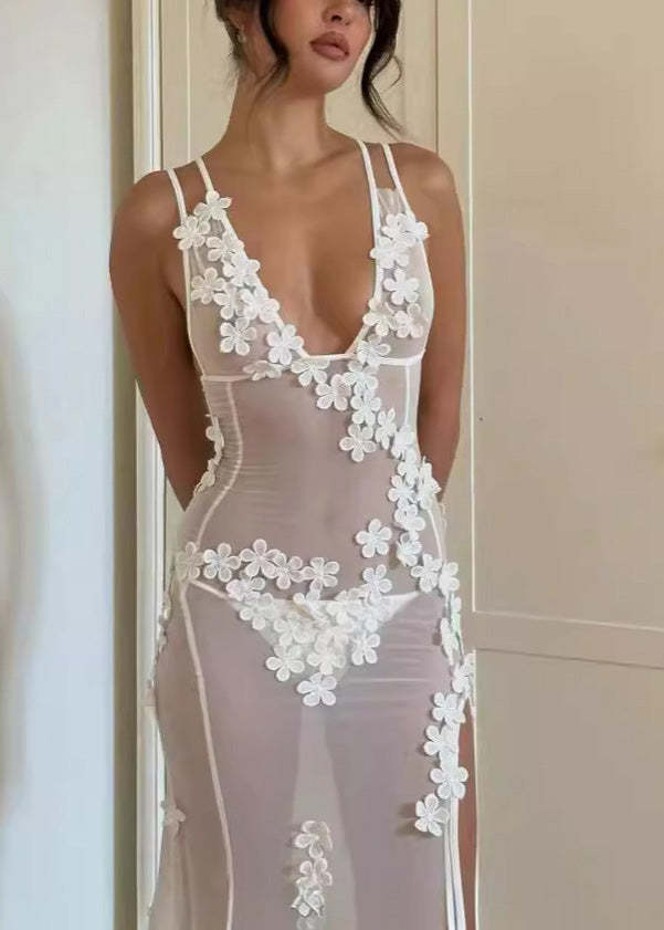 White V Neck Floral Hollowed Out Tulle Dress