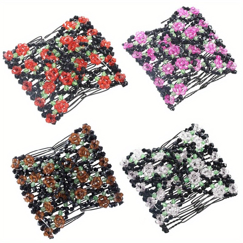 4 Pcs Double Stretching Magic Hair Combs - Beaded Flower Hairpin for Women Hair Styling - Elastic Hair Clips Combs Hair Accessory