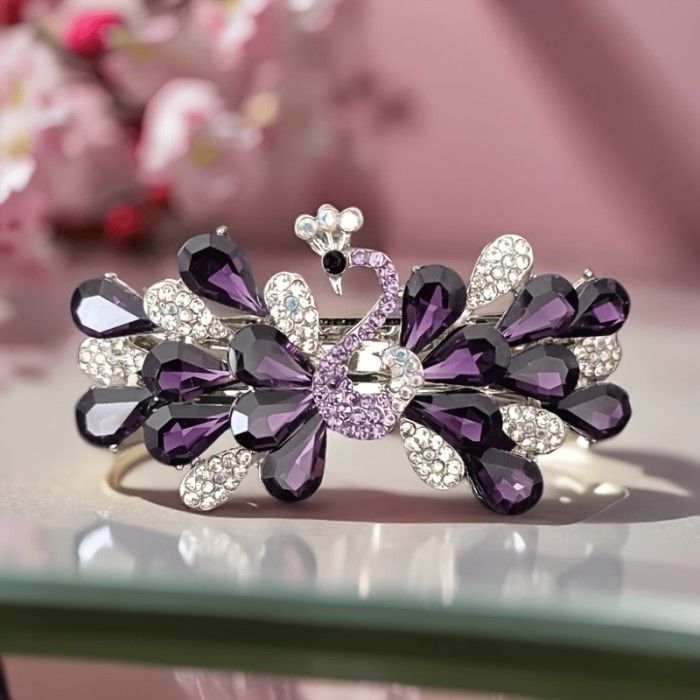 1pc New Delicate And Elegant Waterfall Design Crystal Peacock Hair Clips for Women Daily Birthday Party, New Year, Valentine'S Day Gift Jewelry-Single Piece, Color Block Print Accessory