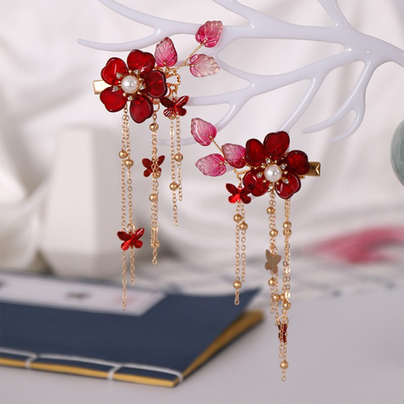 2pc Butterfly Tassels Hair Clips Chinese Ancient Style Hairpins Flower Alligator Clips Festive Wedding Hair Accessories