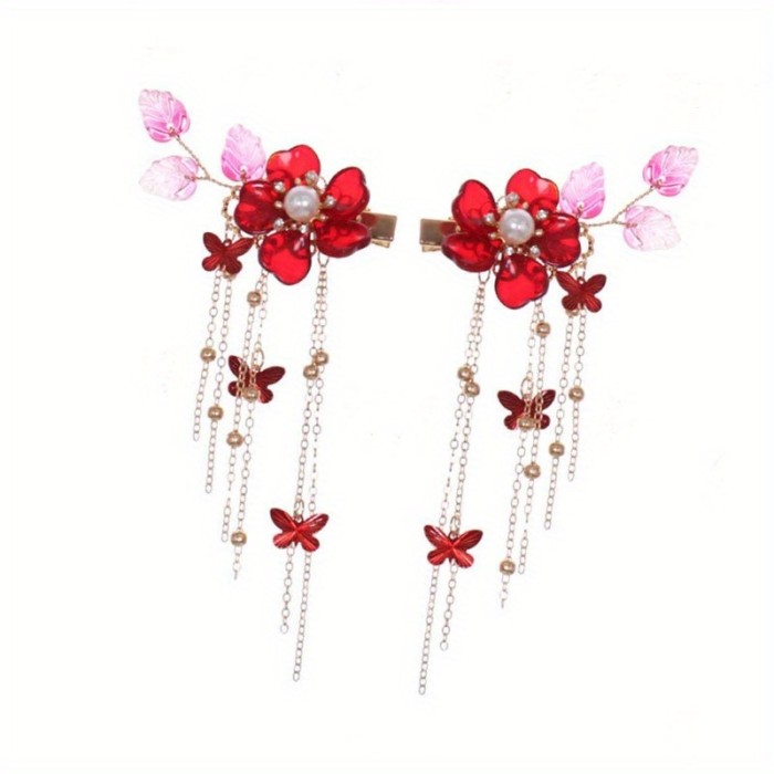 2pc Butterfly Tassels Hair Clips Chinese Ancient Style Hairpins Flower Alligator Clips Festive Wedding Hair Accessories
