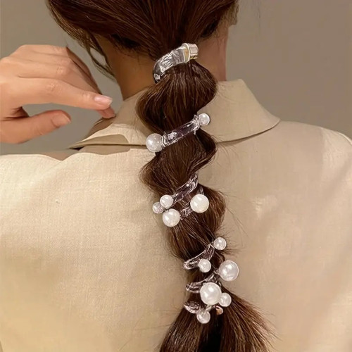 Single Piece Minimalist Phone Cord Hair Tie for Women - Hollow Imitation, Solid Color Oblong Plastic Beads, Secure Spiral Ponytail Holder, Elegant Hair Accessory for Casual & Formal Styles, Sophisticated Craftsmanship