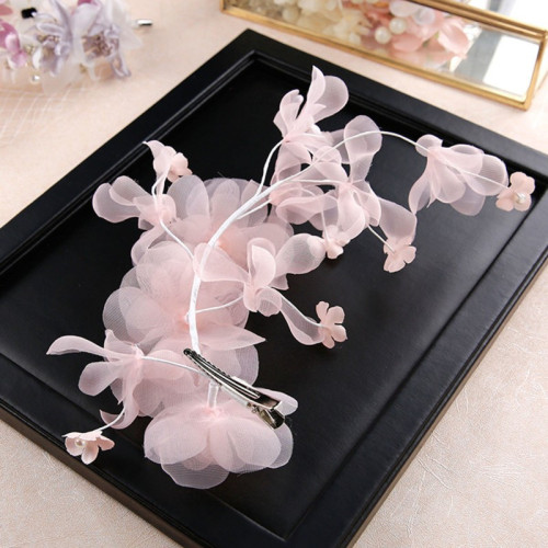 Elegant Pink Flower Hair Barrette - Handmade Polyester & Spandex Floral Headpiece with Green Leaves, Perfect for Thick & Curly Hair Styling, Wedding & Formal Occasion Accessory, Hair Accessory | Decorative Barrette | Intricate Craftsmanship, Hair Accessories