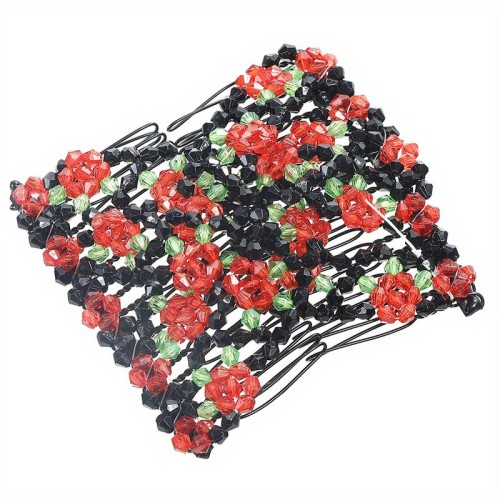 4 Pcs Double Stretching Magic Hair Combs - Beaded Flower Hairpin for Women Hair Styling - Elastic Hair Clips Combs Hair Accessory
