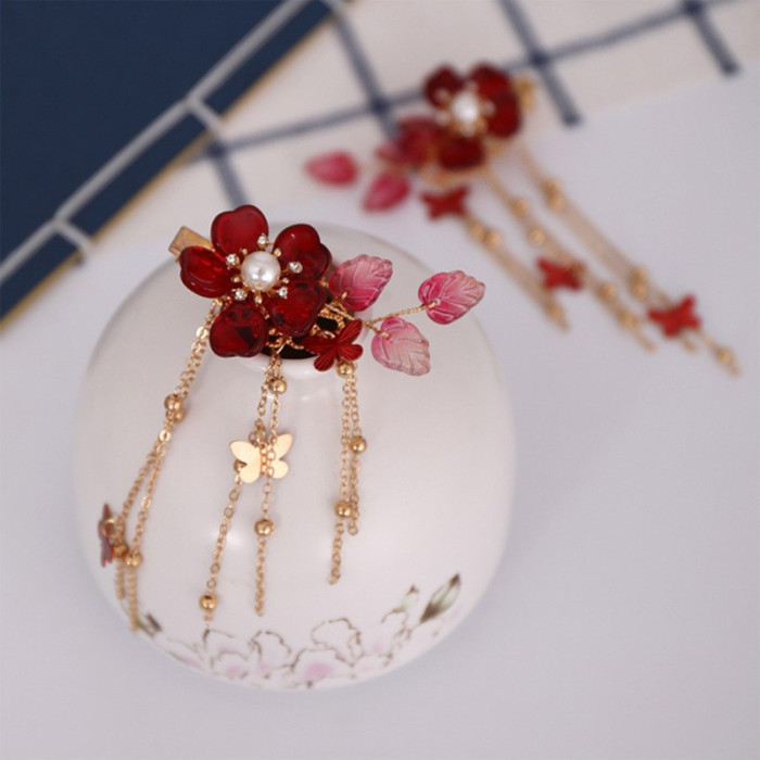 2pc Butterfly Tassels Hair Clips Chinese Ancient Style Hairpins Flower Alligator Clips Festive Wedding Hair Accessories